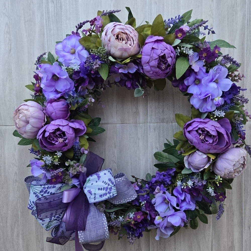 Handmade Purple Floral Wreath with Bow Summer/ Everyday Wreath